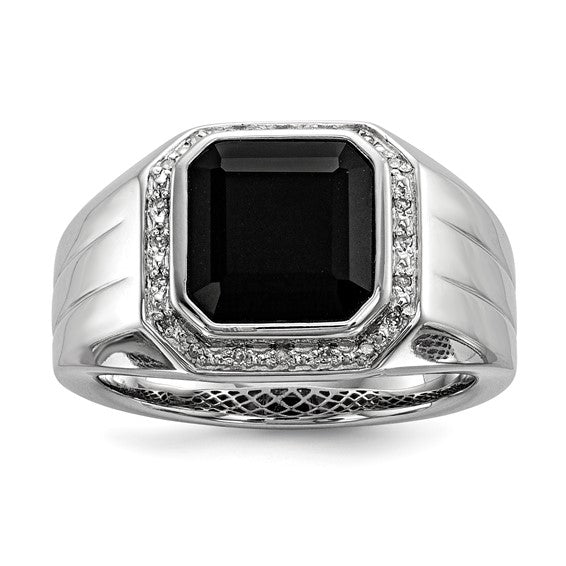 Sterling Silver Square Onyx & Diamond Ring