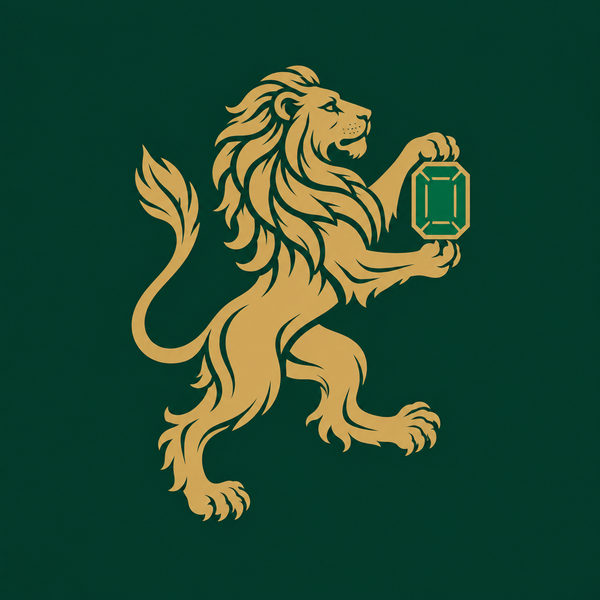 Rex d’Or gold lion holding a gemstone on forest green